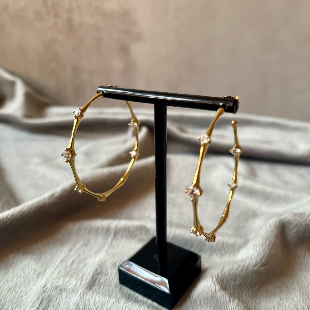 Sterling 925 Gold Over Bamboo-Style Hoop Earrings with CZ Details
